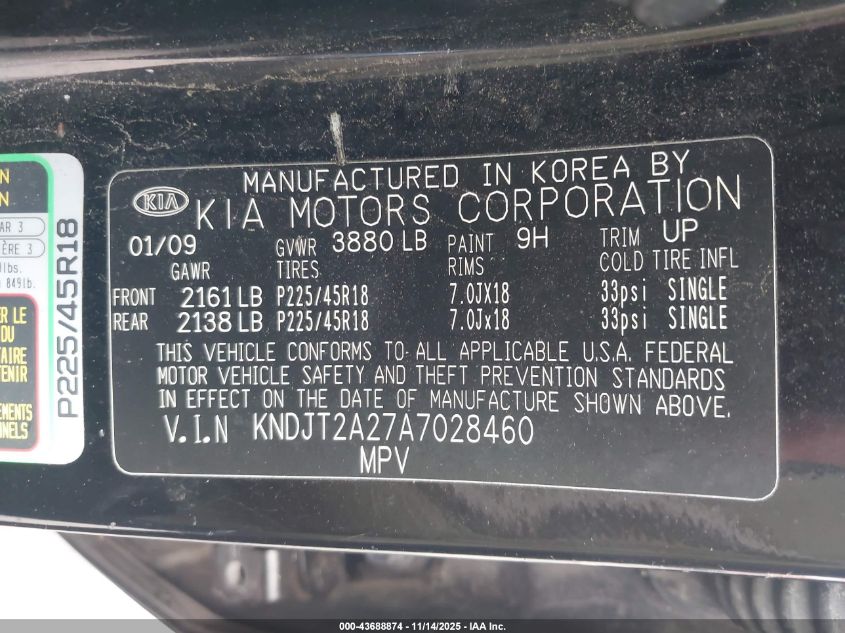 2010 Kia Soul ! VIN: KNDJT2A27A7028460 Lot: 43688874