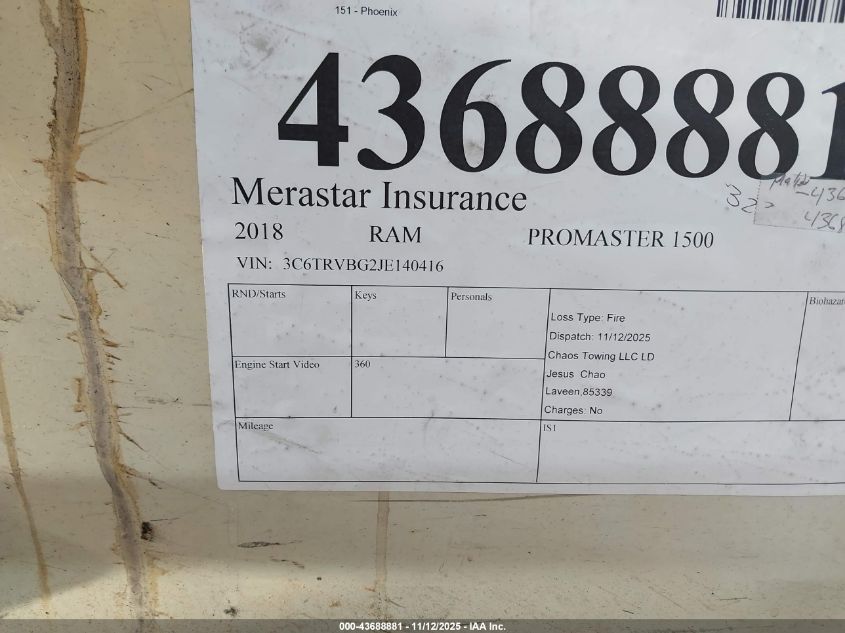 2018 Ram Promaster 1500 High Roof 136 Wb VIN: 3C6TRVBG2JE140416 Lot: 43688881