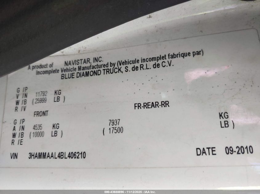 2011 International 4000 4300 VIN: 3HAMMAAL4BL406210 Lot: 43688896