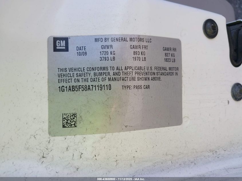 2010 Chevrolet Cobalt Ls VIN: 1G1AB5F58A7119110 Lot: 43688900