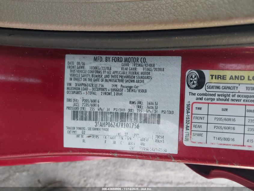 2007 Ford Fusion S VIN: 3FAHP06Z47R101756 Lot: 43688906