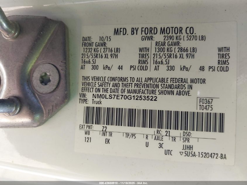 2016 Ford Transit Connect Xl VIN: NM0LS7E70G1253522 Lot: 43688918