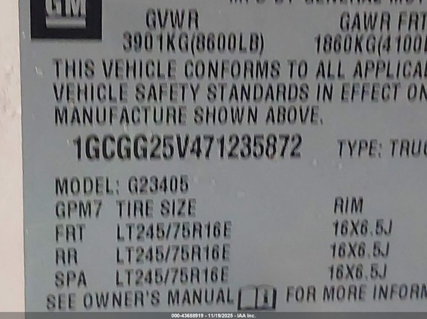 2007 Chevrolet Express Work Van VIN: 1GCGG25V471235872 Lot: 43688919