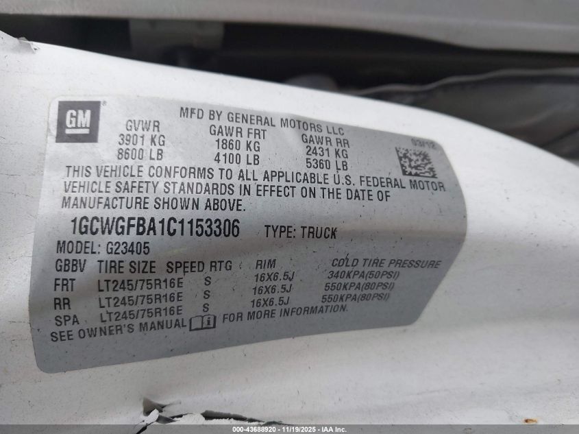 2012 Chevrolet Express 2500 Work Van VIN: 1GCWGFBA1C1153306 Lot: 43688920