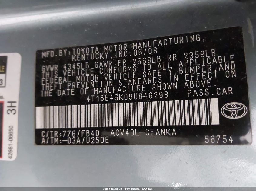 2009 Toyota Camry Le VIN: 4T1BE46K09U846298 Lot: 43688929