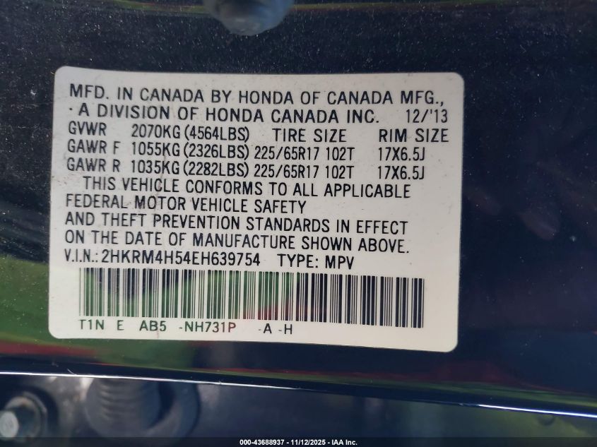 2014 Honda Cr-V Ex VIN: 2HKRM4H54EH639754 Lot: 43688937