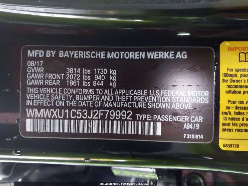 2018 Mini Hardtop Cooper VIN: WMWXU1C53J2F79992 Lot: 43688939