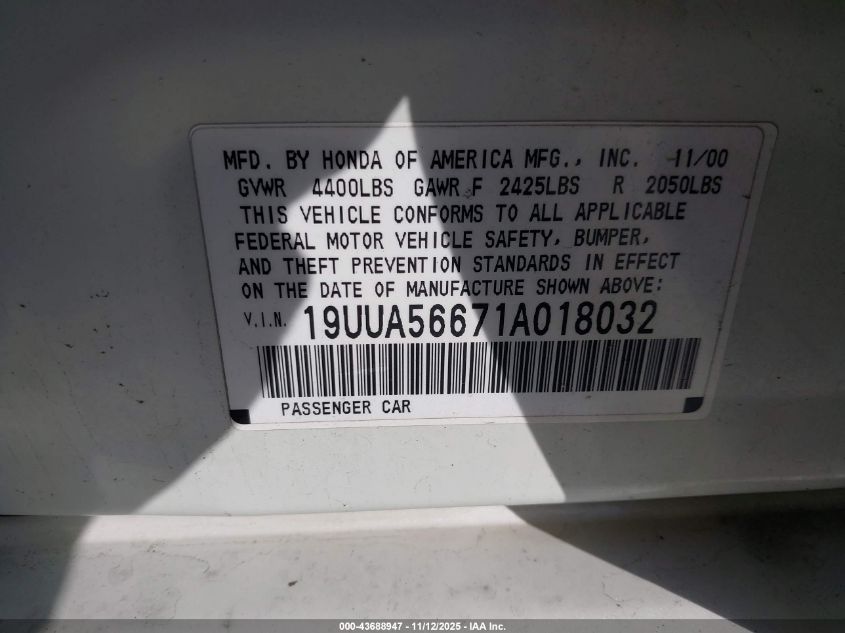 2001 Acura Tl 3.2 VIN: 19UUA56671A018032 Lot: 43688947