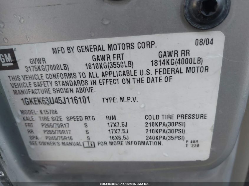 2005 GMC Yukon Denali VIN: 1GKEK63U45J116101 Lot: 43688957
