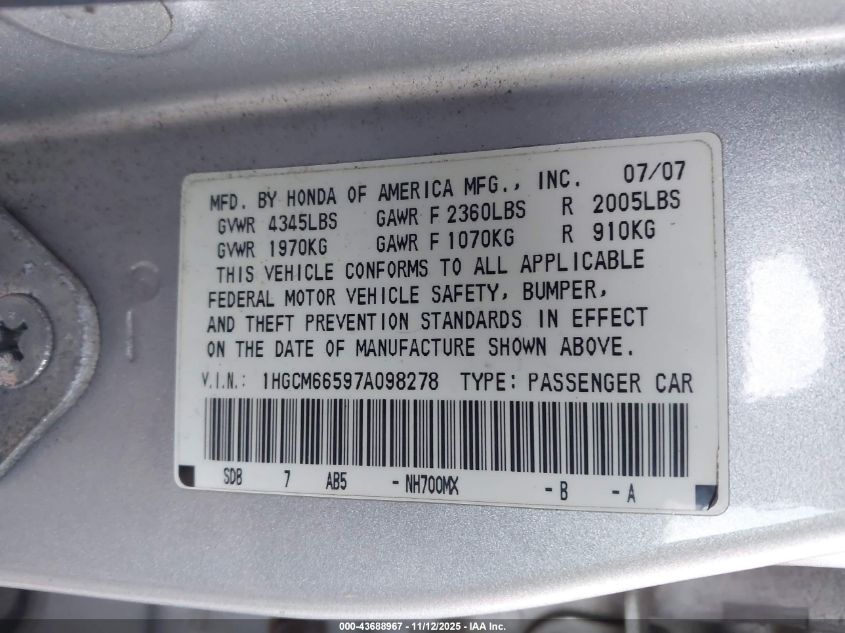 2007 Honda Accord 3.0 Ex VIN: 1HGCM66597A098278 Lot: 43688967