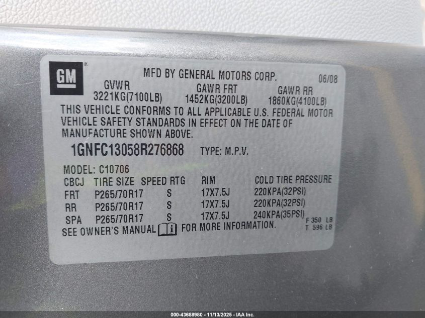 2008 Chevrolet Tahoe Lt VIN: 1GNFC13058R276868 Lot: 43688980