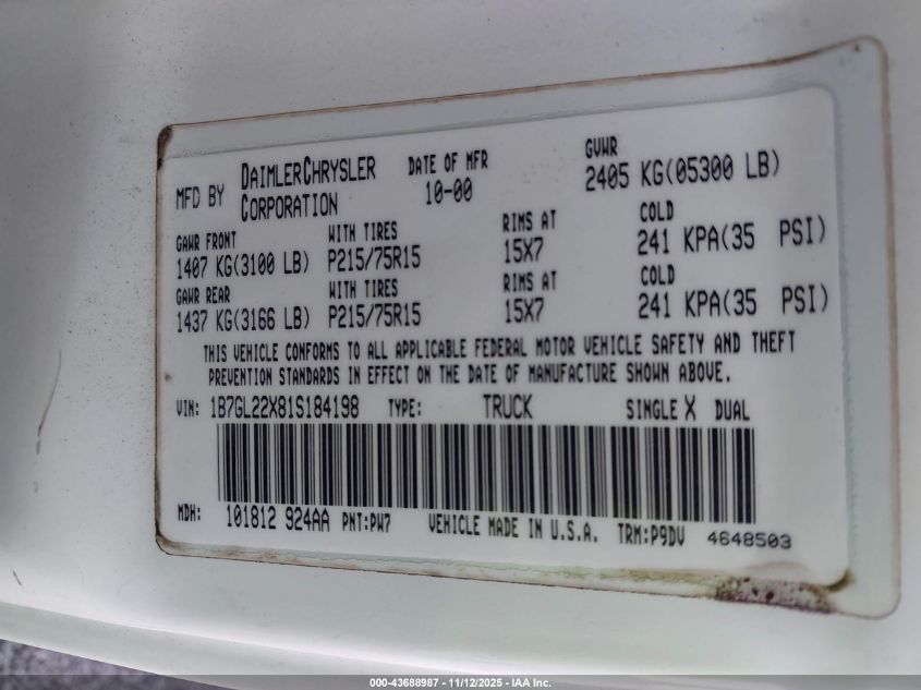 2001 Dodge Dakota Slt/Sport VIN: 1B7GL22X81S184198 Lot: 43688987