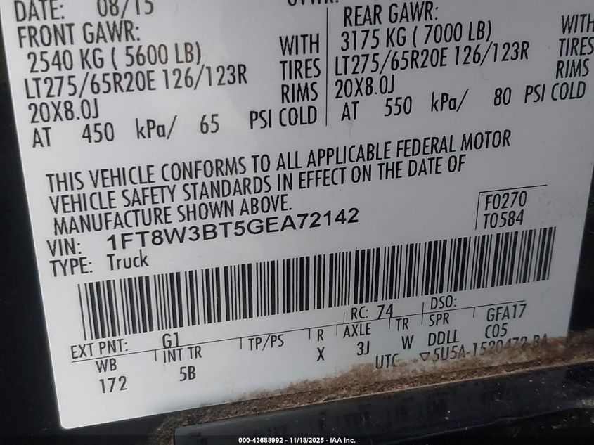 2016 Ford F-350 Lariat VIN: 1FT8W3BT5GEA72142 Lot: 43688992