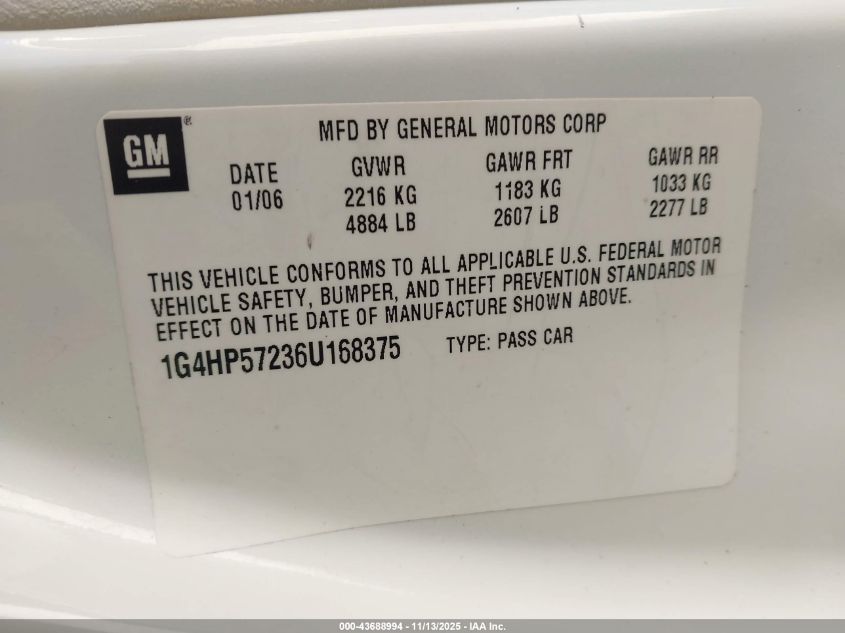 2006 Buick Lucerne Cx VIN: 1G4HP57236U168375 Lot: 43688994