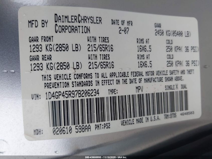 2007 Dodge Caravan Sxt VIN: 1D4GP45R97B206234 Lot: 43688995