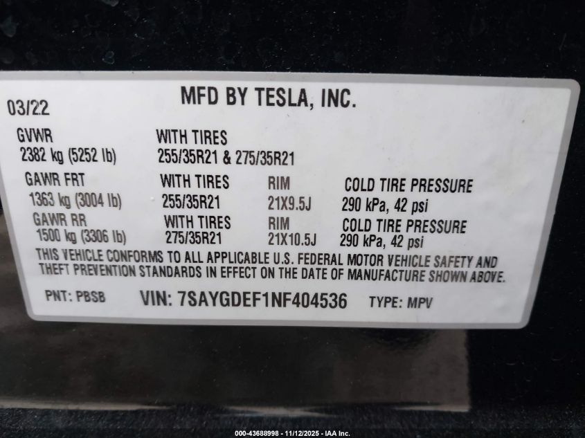 2022 Tesla Model Y Performance Dual Motor All-Wheel Drive VIN: 7SAYGDEF1NF404536 Lot: 43688998