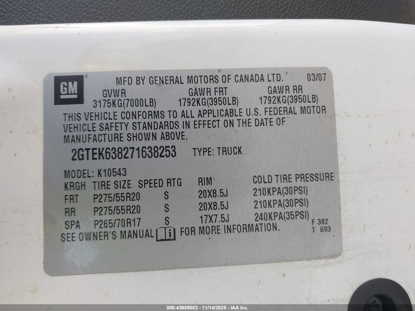 2007 GMC Sierra 1500 Denali VIN: 2GTEK638271638253 Lot: 43689003
