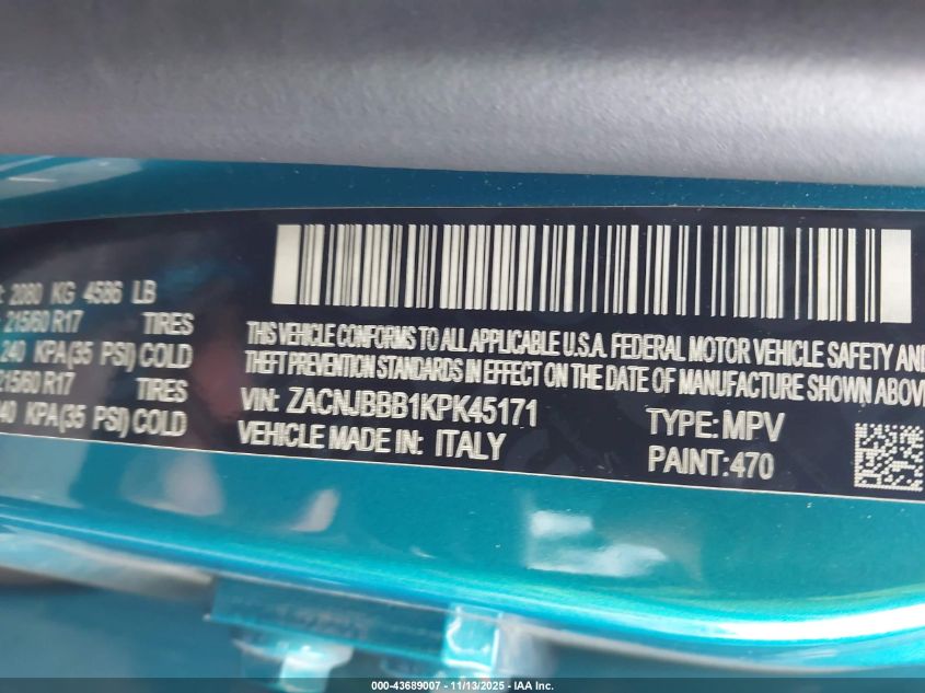 2019 Jeep Renegade Latitude 4X4 VIN: ZACNJBBB1KPK45171 Lot: 43689007