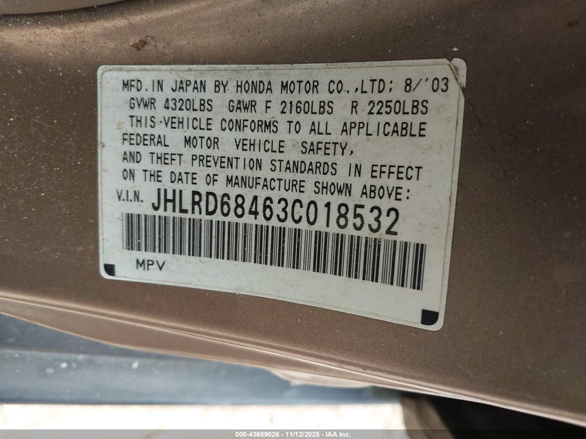 2003 Honda Cr-V Lx VIN: JHLRD68463C018532 Lot: 43689026