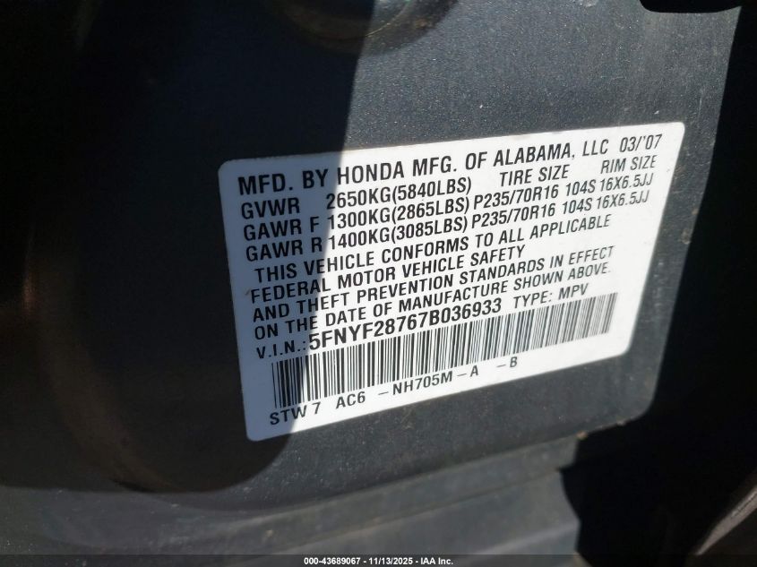 2007 Honda Pilot Ex-L VIN: 5FNYF28767B036933 Lot: 43689067