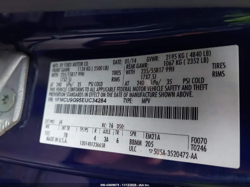 2014 Ford Escape Se VIN: 1FMCU9G95EUC34284 Lot: 43689075