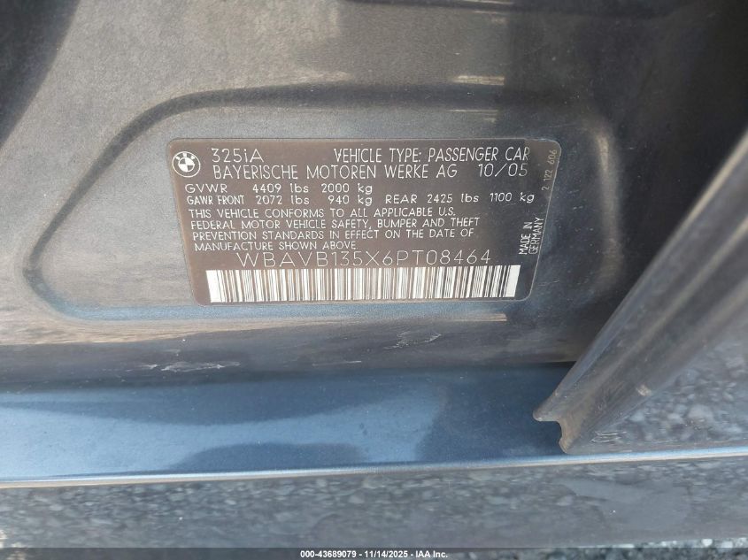 2006 BMW 325I VIN: WBAVB135X6PT08464 Lot: 43689079