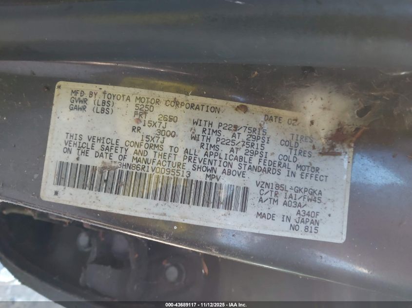 1997 Toyota 4Runner Sr5 V6 VIN: JT3HN86R1V0095513 Lot: 43689117