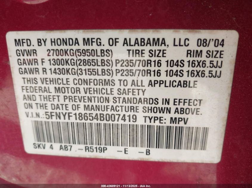 2004 Honda Pilot Ex-L VIN: 5FNYF18654B007419 Lot: 43689121