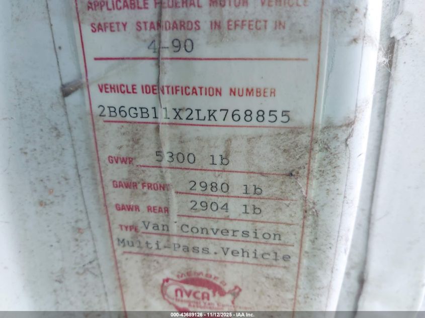 1990 Dodge Ram Van B150 VIN: 2B6GB11X2LK768855 Lot: 43689126