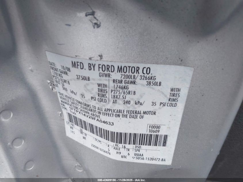 2009 Ford F-150 Fx4/Lariat/Xl/Xlt VIN: 1FTPX14V29FA04633 Lot: 43689156