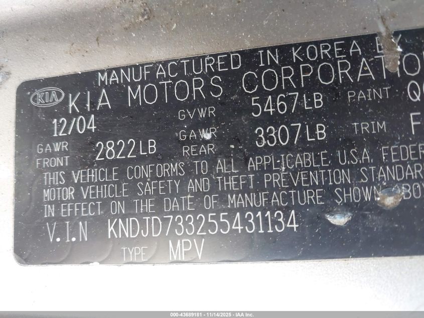 2005 Kia Sorento Ex/Lx VIN: KNDJD733255431134 Lot: 43689181