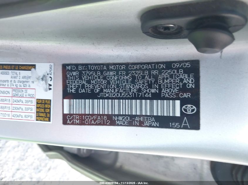 2005 Toyota Prius VIN: JTDKB20U553117144 Lot: 43689194