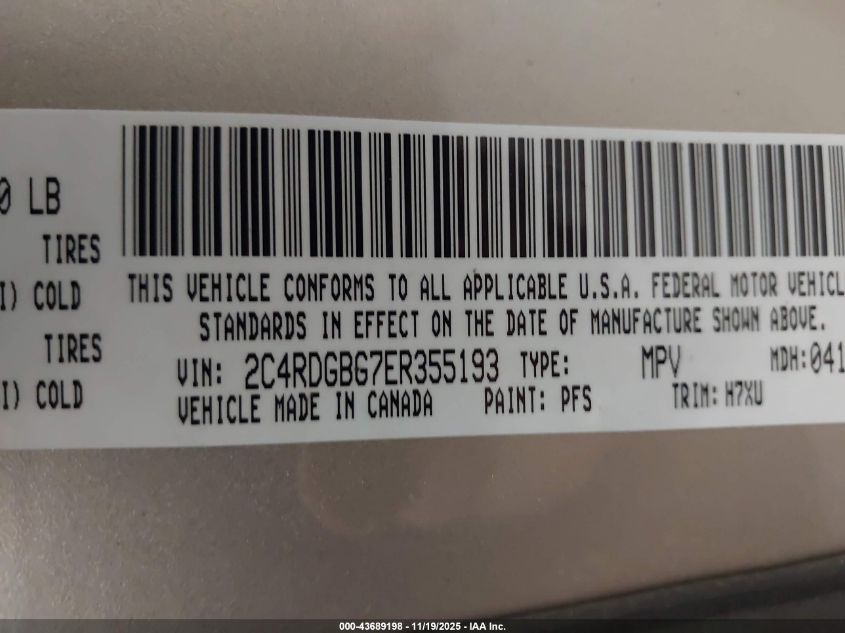 2014 Dodge Grand Caravan Se VIN: 2C4RDGBG7ER355193 Lot: 43689198