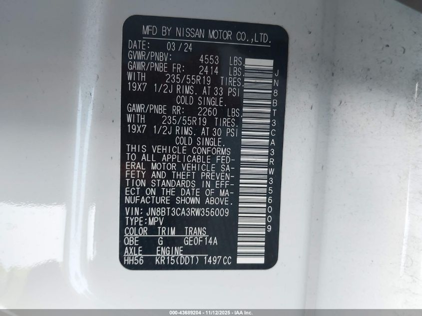 2024 Nissan Rogue Sl Fwd VIN: JN8BT3CA3RW356009 Lot: 43689204