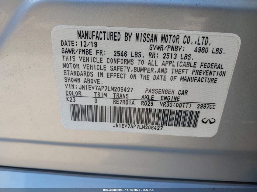 2020 Infiniti Q50 Luxe VIN: JN1EV7AP7LM206427 Lot: 43689206