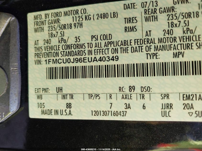 2014 Ford Escape Titanium VIN: 1FMCU0J96EUA40349 Lot: 43689210