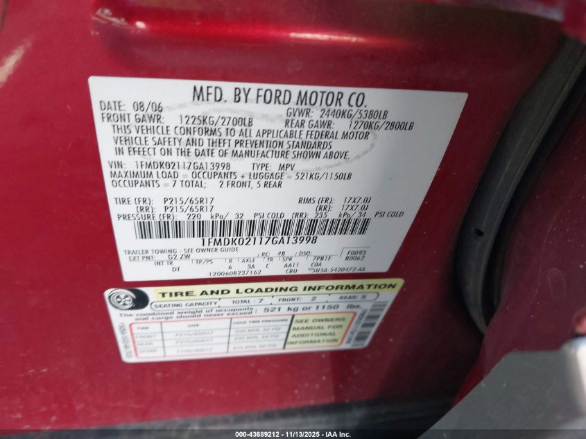 2007 Ford Freestyle Sel VIN: 1FMDK02117GA13998 Lot: 43689212