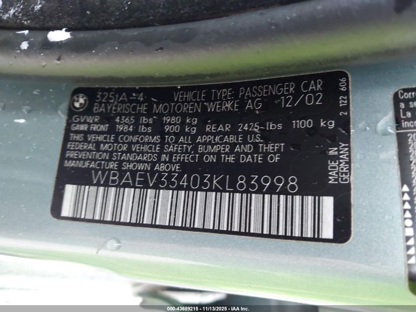 2003 BMW 325I VIN: WBAEV33403KL83998 Lot: 43689215