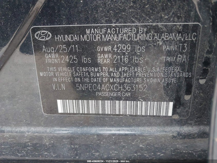 5NPEC4ACXCH363152 2012 HYUNDAI SONATA photo no. 9