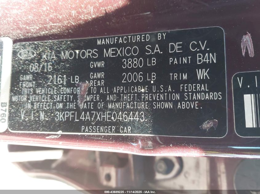 2017 Kia Forte Lx VIN: 3KPFL4A7XHE046443 Lot: 43689225