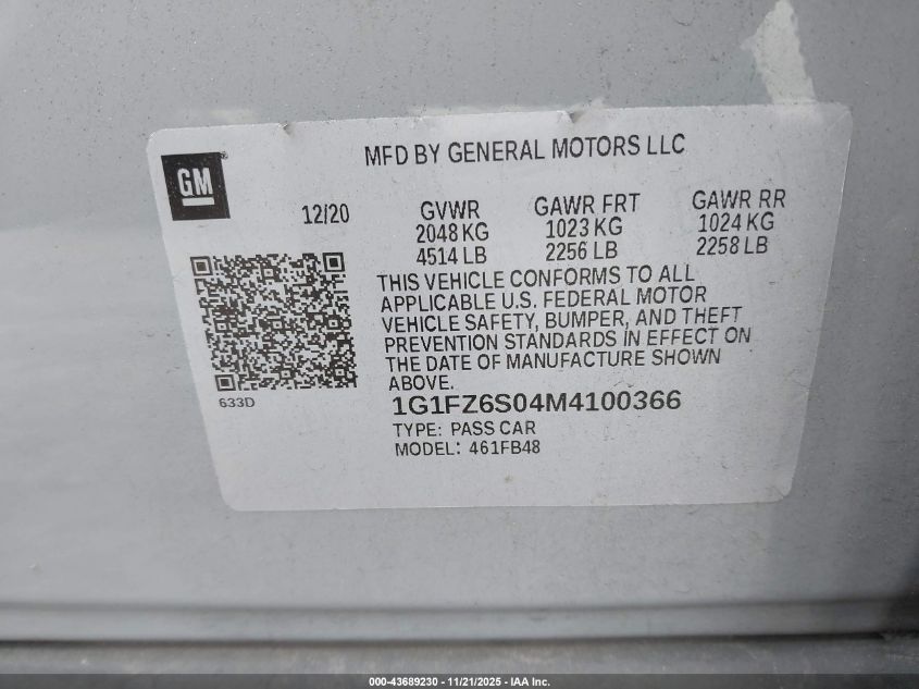 2021 Chevrolet Bolt Ev Fwd Premier VIN: 1G1FZ6S04M4100366 Lot: 43689230