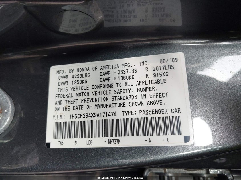 1HGCP264X9A171474 2009 HONDA ACCORD photo no. 9