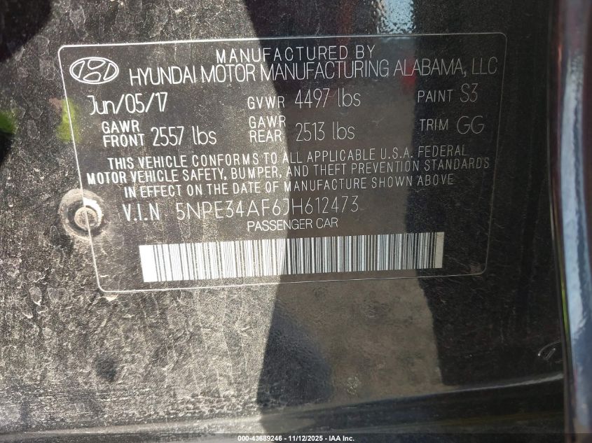2018 Hyundai Sonata Sel VIN: 5NPE34AF6JH612473 Lot: 43689246
