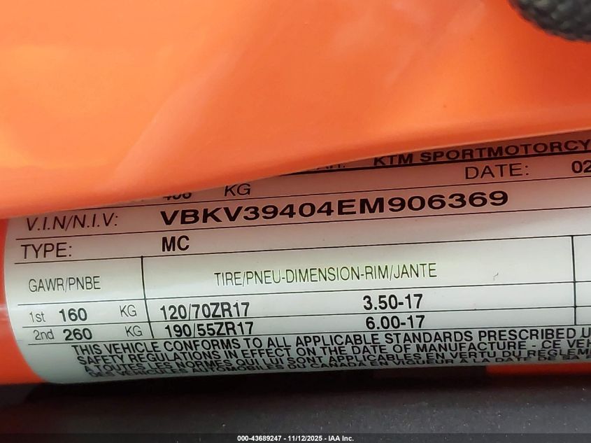 2014 Ktm 1290 Super Duke R VIN: VBKV39404EM906369 Lot: 43689247