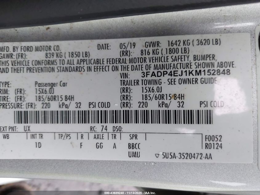 2019 Ford Fiesta Se VIN: 3FADP4EJ1KM152848 Lot: 43689248