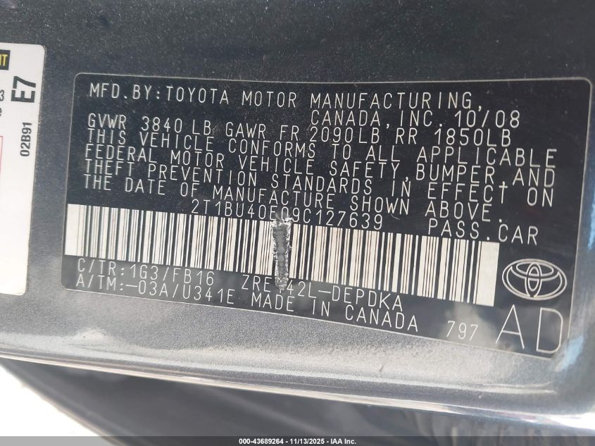 2009 Toyota Corolla Le VIN: 2T1BU40E09C127639 Lot: 43689264