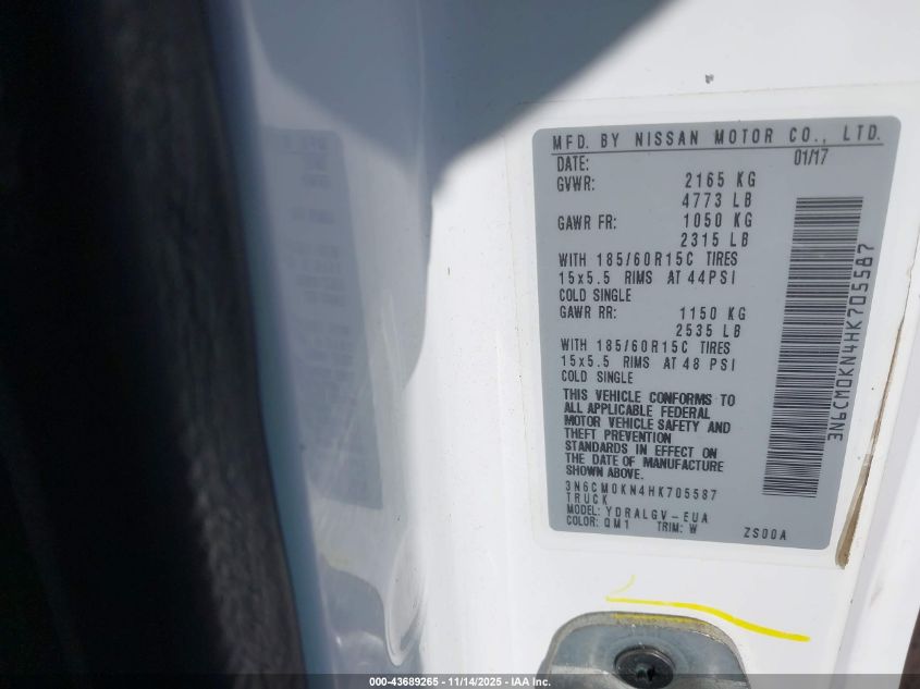 2017 Nissan Nv200 Sv VIN: 3N6CM0KN4HK705587 Lot: 43689265