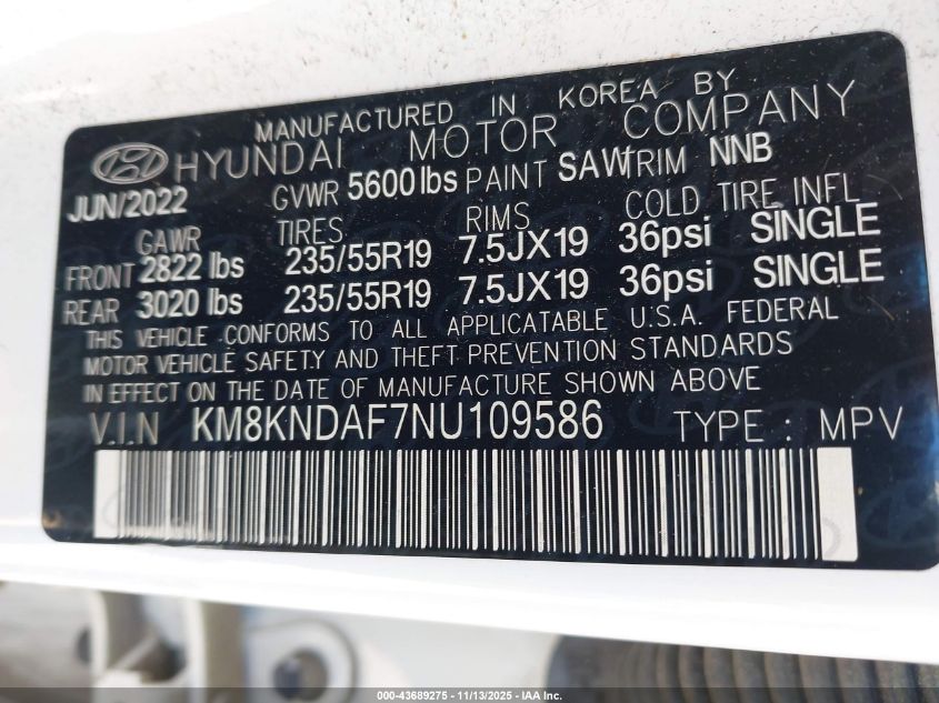 2022 Hyundai Ioniq 5 Sel VIN: KM8KNDAF7NU109586 Lot: 43689275