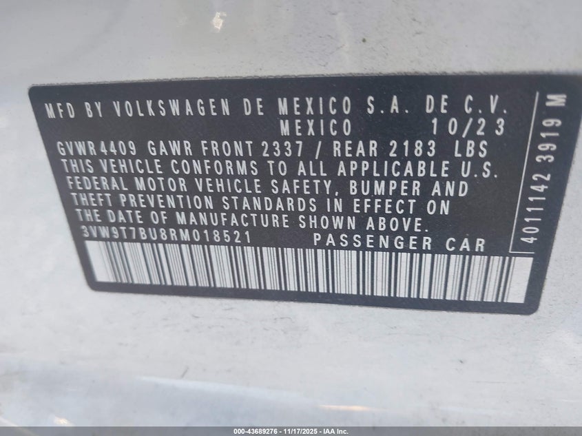 2024 VOLKSWAGEN JETTA GLI(VIN: 3VW9T7BU8RM018521