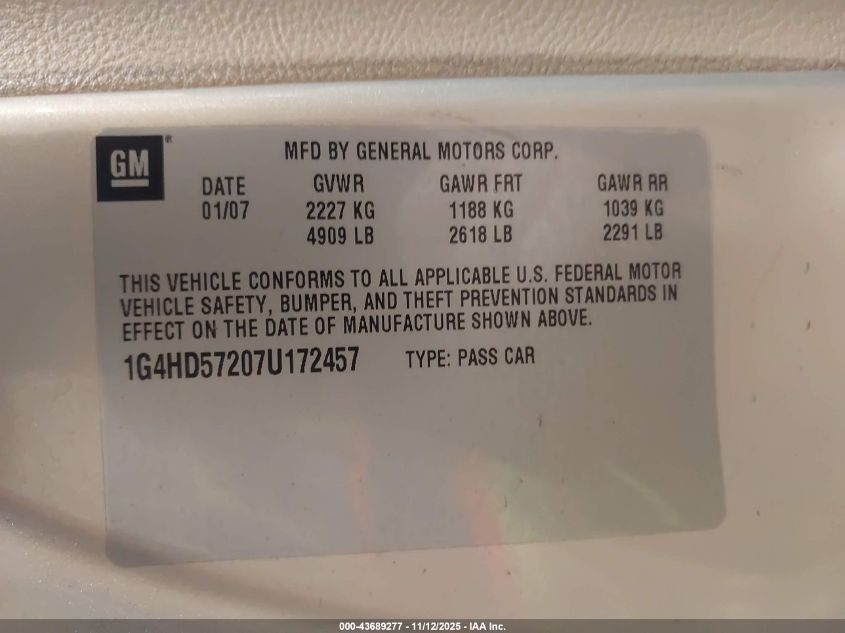 2007 Buick Lucerne Cxl VIN: 1G4HD57207U172457 Lot: 43689277